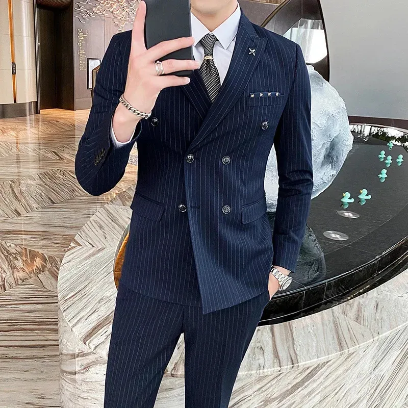 Men's Suits Blazers Formal Stripe Men Suits Double Breasted Wedding Groom Stage Tuxedo Man Business Slim Social Formal Suit Dress 2 Pcs / 3pcs 231205