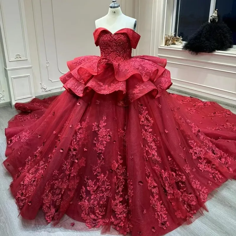 Rouge brillant hors de l'épaule robe de bal robes de Quinceanera Corset Applique perlée formelle robes de remise des diplômes à lacets princesse douce 15