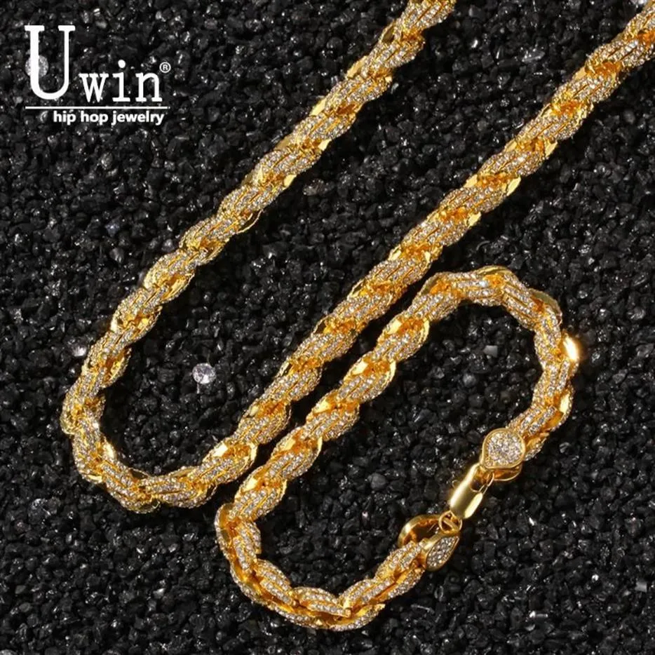 Uwin 9mm Iece Out cuerda cadena collares pulseras diamantes de imitación completos Bling Biling moda Hiphop Jewelry2262