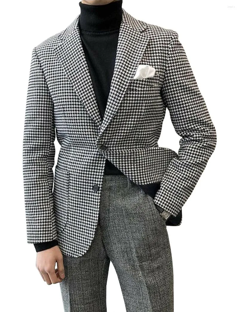 Costumes pour hommes Blazer pied-de-poule simple boutonnage bouton veste à revers pour dîner formel