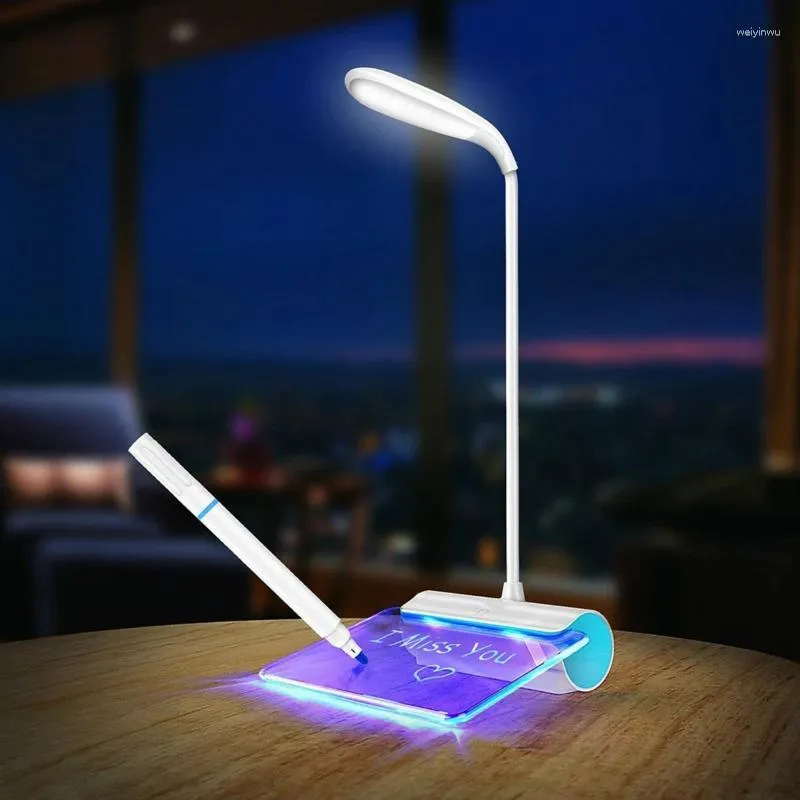 Lampade da tavolo Novità Lampada da tavolo per messaggi Ricarica USB Luce a LED 3 modalità Protezione oscuramento Lettura degli occhi Piastra fluorescente Atmosfera