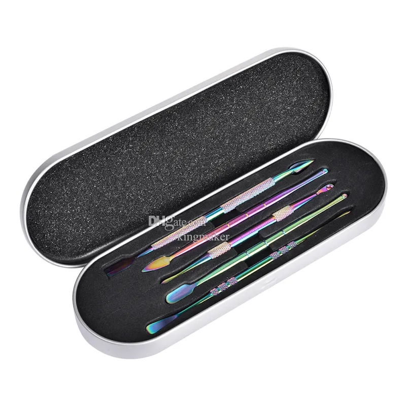 Rainbow Dab Tool Kit Wachszerstäuber Pick-Tools zum Graben von Öl, Creme, trockenem Kräuterstift, Wasserbong, Aluminiumbox mit Silikonglas-Zubehör