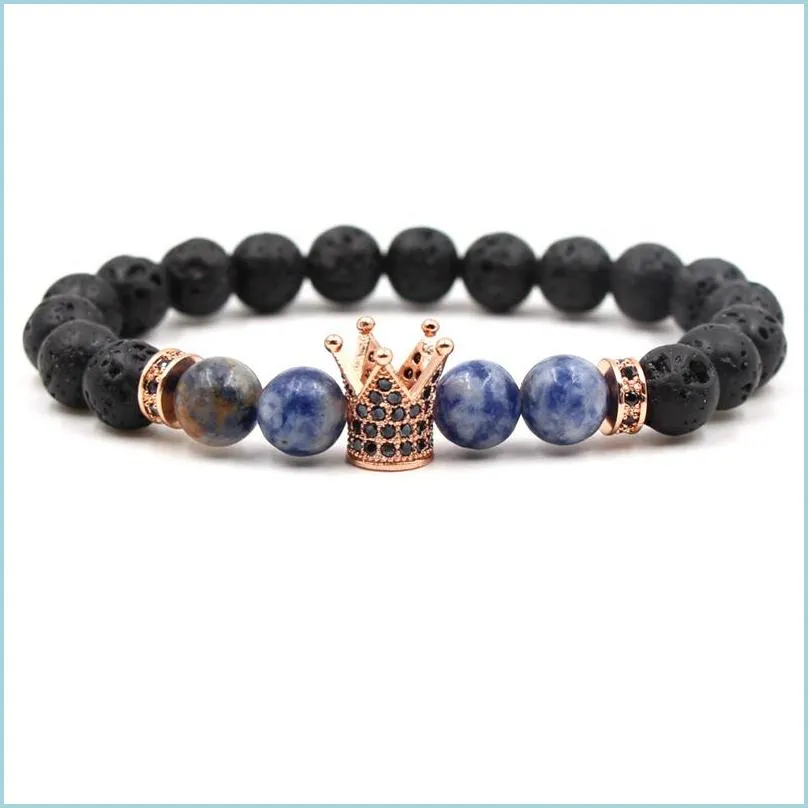 Beaded Lava Crown Bracelets Beads Matte Black Stone Inlay Zircon Women Men Jewelry Bracelet Drop Delivery Jewelry Bracelets Dhstf