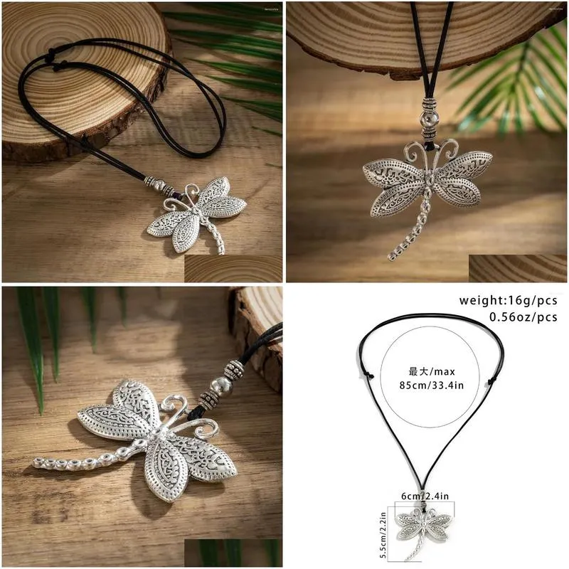 Pendant Necklaces Vintage Boho Dragonfly Big Necklace Adjustable Black Wax String Insect Choker Women Fashion Ethnic Jewelry Wholesale