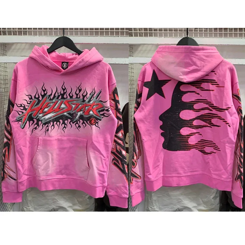 Мужские толстовки с капюшоном, американские винтажные розовые Hellstar для мужчин и женщин, свободные повседневные граффити с принтом пламени, с капюшоном 231204
