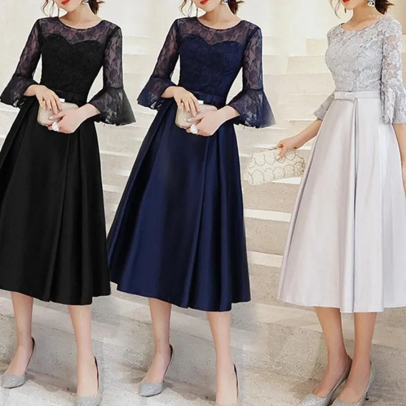 Festklänningar o-hals Half Flare Sleeve Prom Lace Slim midja Elegant veckad formell klänning 2023 Solid Medium till Long Evening Vestidos