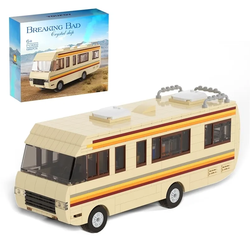 Model Diecast Moc Classic Movie Breaking Bad Car Builds Zestaw White Pinkman Cooking Lab RV Pojazd Model zabawki dla dzieci Prezenty 231204