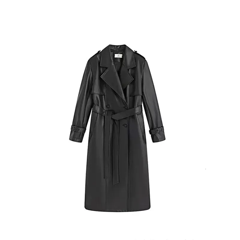 Womens Spring Trench Coat Long Sleeve PU Leather Overcoat