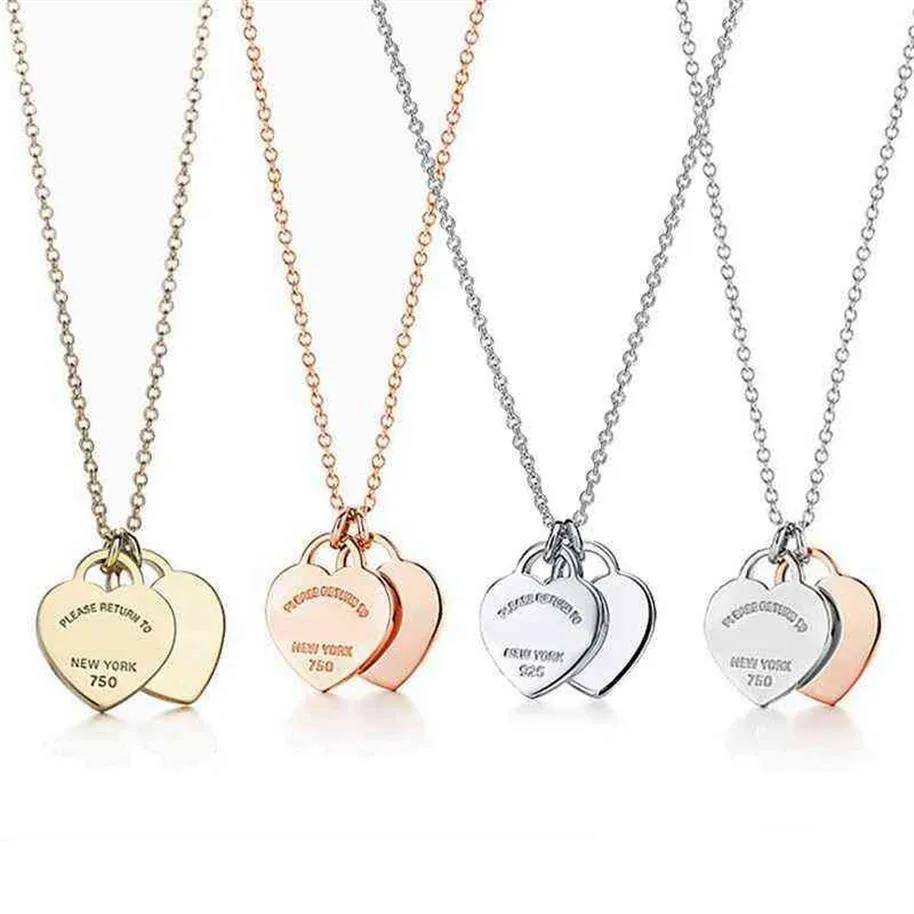 Classic 925 Sterling Silver Necklace Double Heart Pendant Necklace Man Women Party Wedding Jewelry High Quality With Box Y220314228G