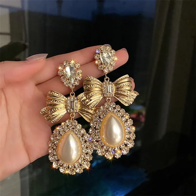 Charm FYUAN Vintage Gold Color Bowknot Crystal Earrings for Women Oversize Water Drop Pearl Dangle Statement Jewelry 231204