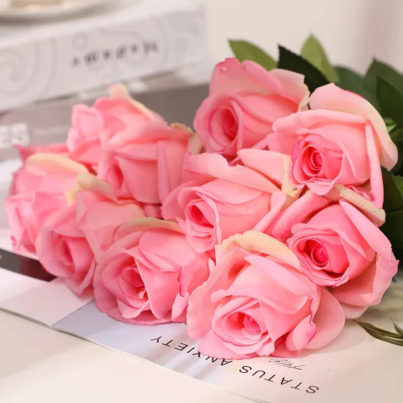 Decorative Flowers Wreaths 10PCS/lot Roses Artificial Flowers Buds Home Garden Decoration Pink White Small Real Touch Fake Rose Buds Flower Wedding Supply 231205