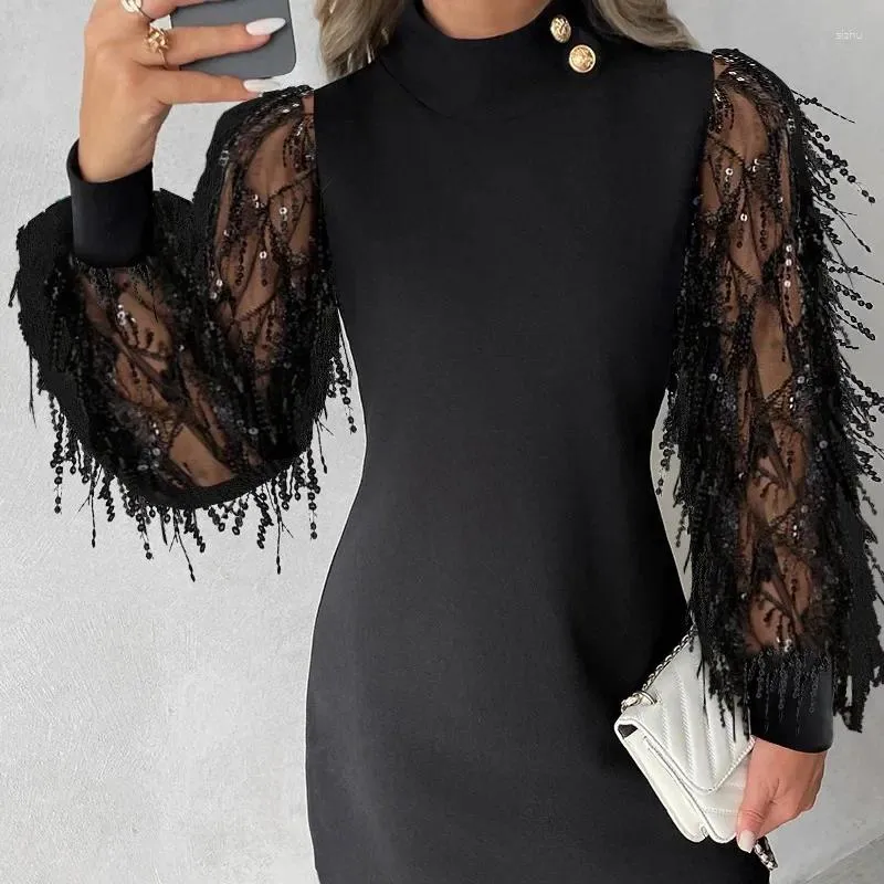 Casual Dresses Round Neck Women Dress Sequin Tassel Full Sleeve Slim Fit Splice Sexy Short Tight Waist Solid Autumn Winter 2023