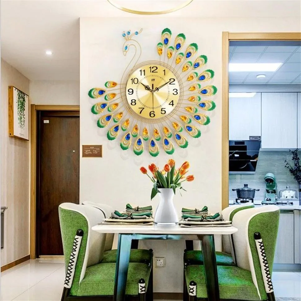 Grote 3D Gouden Diamant Pauw Wandklok Metalen Horloge voor Thuis Woonkamer Decoratie DIY Klokken Ambachten Ornamenten Gift218Z