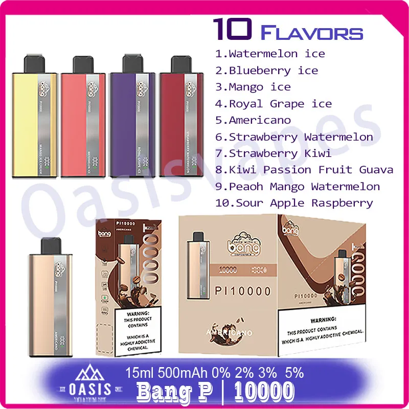 Authentic Bang P | 10000 Puff Disposable E Cigaretter Puffs 10k 15 ml Förfylld flytande Vape Pen 500mAh RechargeAB Le Batterivångare 10 smaker