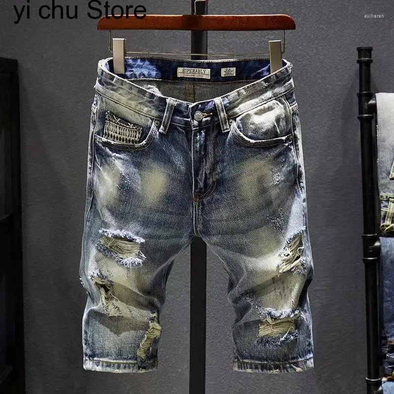 Hommes Jeans D'été Stretch Déchiré Court Mode Décontracté Lâche Haute Qualité Élastique Outillage Trou Cassé Denim Short Mâle