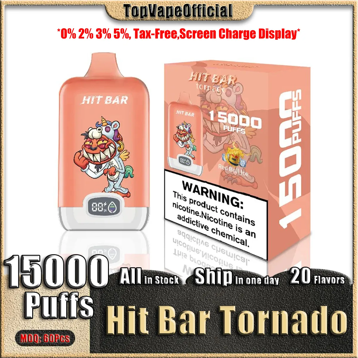 Original Hit Bar Tornado 15000 Puffs Bildschirm-Ladeanzeige Wiederaufladbarer Einweg-E-Zigaretten-Vape-Stift 0 % 2 % 3 % 5 % Netzspule 600 mAh 18 ml VS UZY Digital Box 15000