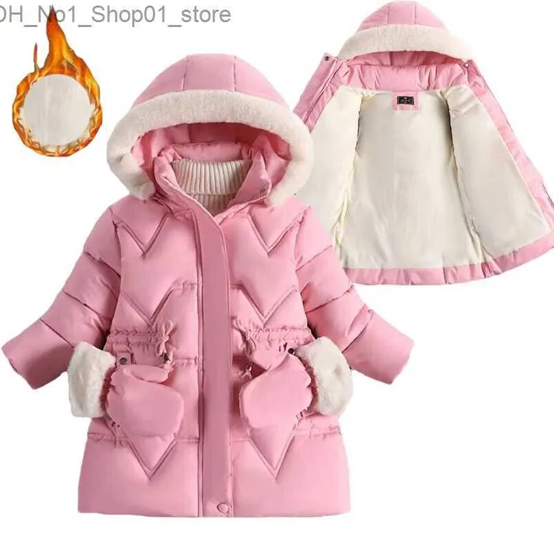 Down 2-8 yıl sıcak kış kızlar ceket kürk yaka çıkarılabilir şapka peluş astar ağır kapüşonlu çocuklar ceket çocukları dış giyim Gönder Q231205
