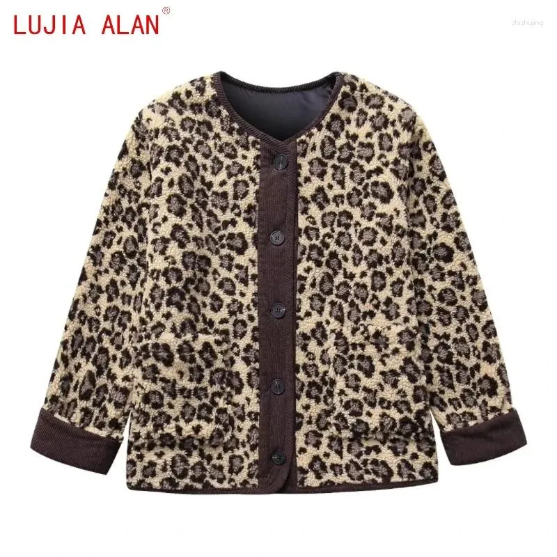 Женские куртки, зимние женские накладные карманы, плюшевое пальто с леопардовым принтом, женские повседневные свободные топы с длинными рукавами LUJIA ALAN C2127