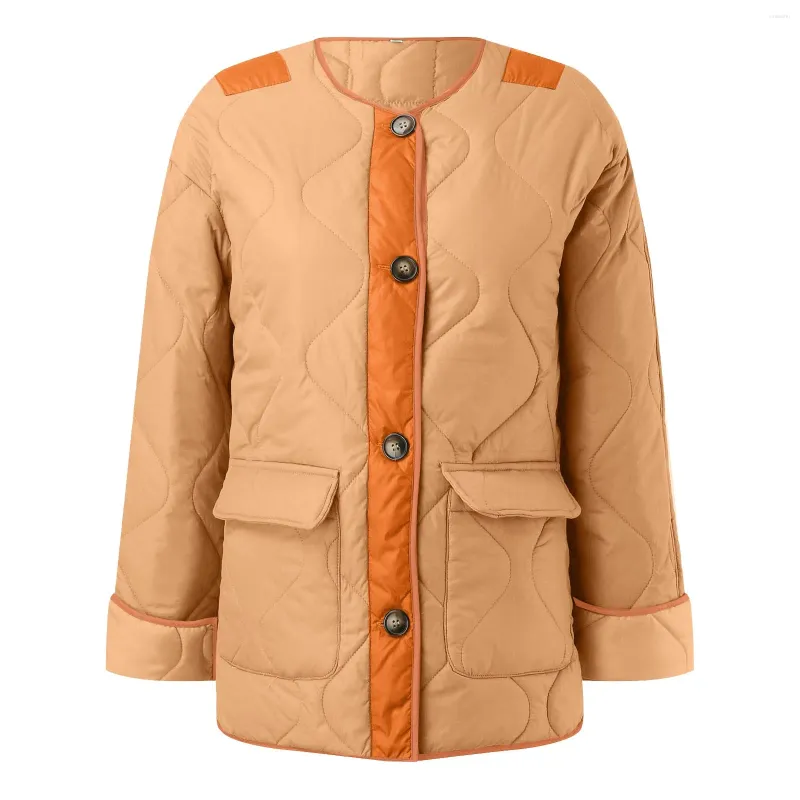 Женские куртки, осенне-зимние свободные стеганые хлопковые куртки с цветными блоками, куртка с двойными накладными карманами, женское винтажное пальто