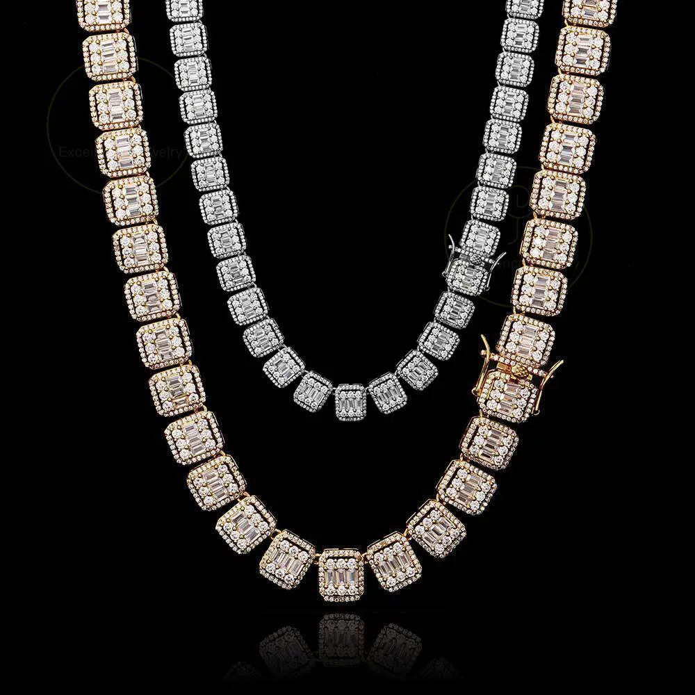 Excellent bijoux 13mm Hip Hop Bling carré sucre de roche Zircon diamant glacé Baguette cluster chaîne de Tennis collier ras du cou