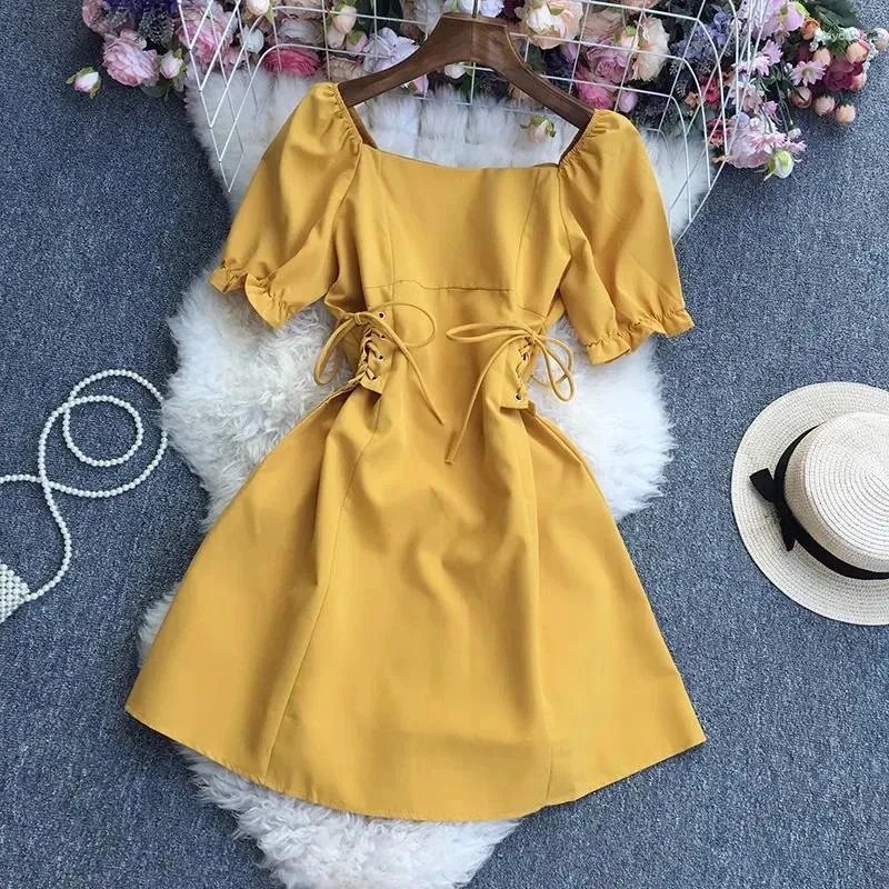 Casual Dresses Chic For Women 2023 Lace-Up Square Collar Solid Color Kne-Length Dress Vestidos French Retro Gentle Elegant Dropship