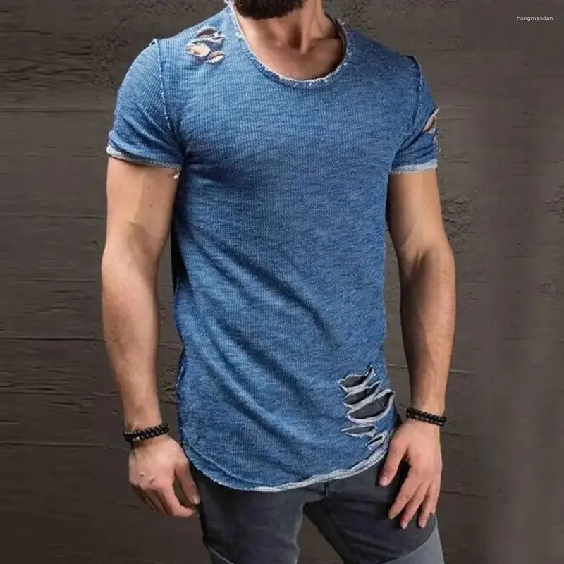 Ternos masculinos A2027 Modo Zomer Rasgado Kleding Mannen Tee Gat Effen Camiseta Slim Past O Hals Korte Mouwen Spier Casual Jersey Tops Camisetas