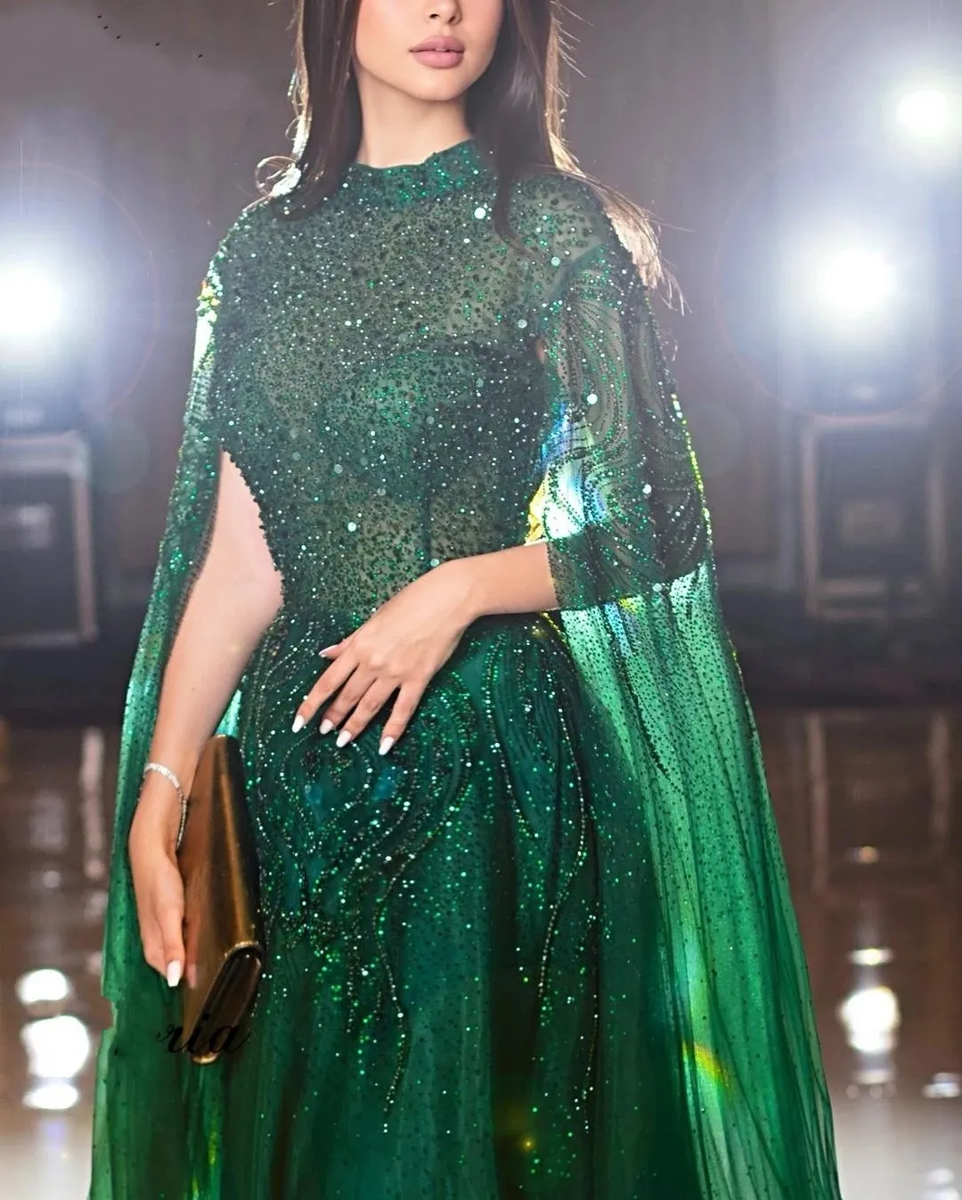 Elegant Green Green sparkly prom dress with Sleeves, High Neck, Beads, and Sequins - Custom Made for Dubai Celebrity Events, Pageants, Birthdays,