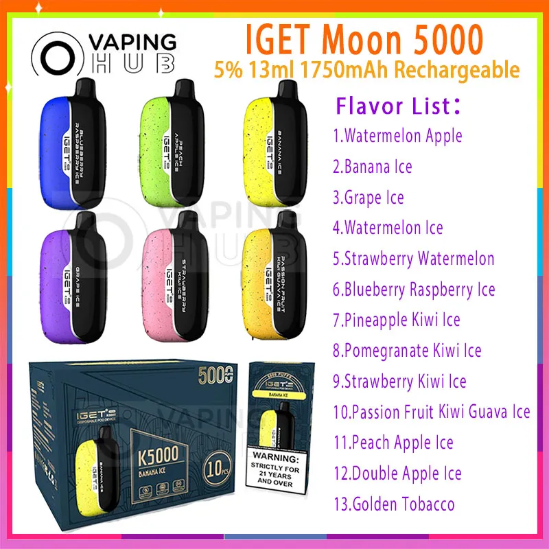 Authentieke IGET Moon 5000 Bladerdeeg Wegwerp Vape Pen Mesh Coil Oplaadbare 1750mAh Batterij vapers 5% 13ml Voorgevulde Pod 13 Smaken Rookwolken 5000 E Sigaret