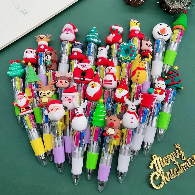 100 unidades caneta esferográfica de 4 cores de desenho animado de Natal mini canetas de Papai Noel manual de 4 cores recompensa de estudante