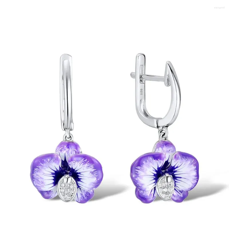 Boucles d'oreilles pendantes pour femmes, tempérament élégant, fleur, pendentif en émail violet fait à la main, bijoux à la mode