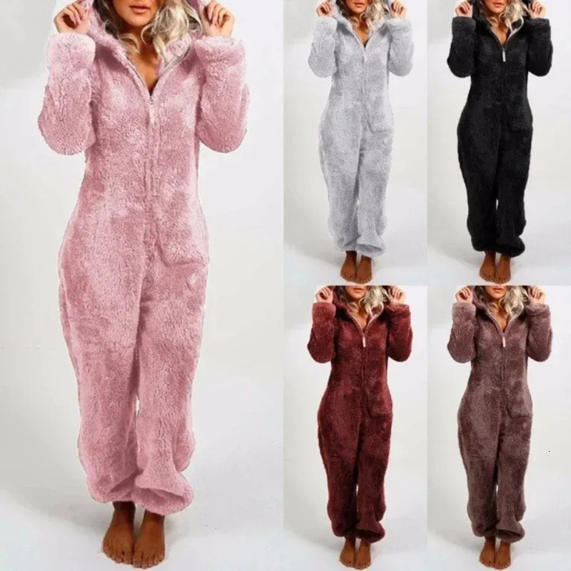 Nachtkleding voor dames Winter pluche verdikte pluche jumpsuit Nachtkleding met capuchon Dames Lange mouwen Rits Warm houden Pyjama Homewear Onesies S-5XL 231205