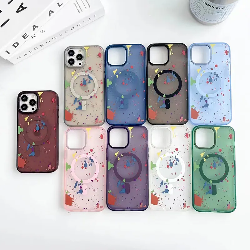 iPhone 15 14 Pro Max Magnetic Telefono Custodia per Apple 13 12 Plus Samsung Galaxy S22 S23 S24 Ultra graffiti Clear Metal Anello Pulsante individuale Coque Fundas Cover