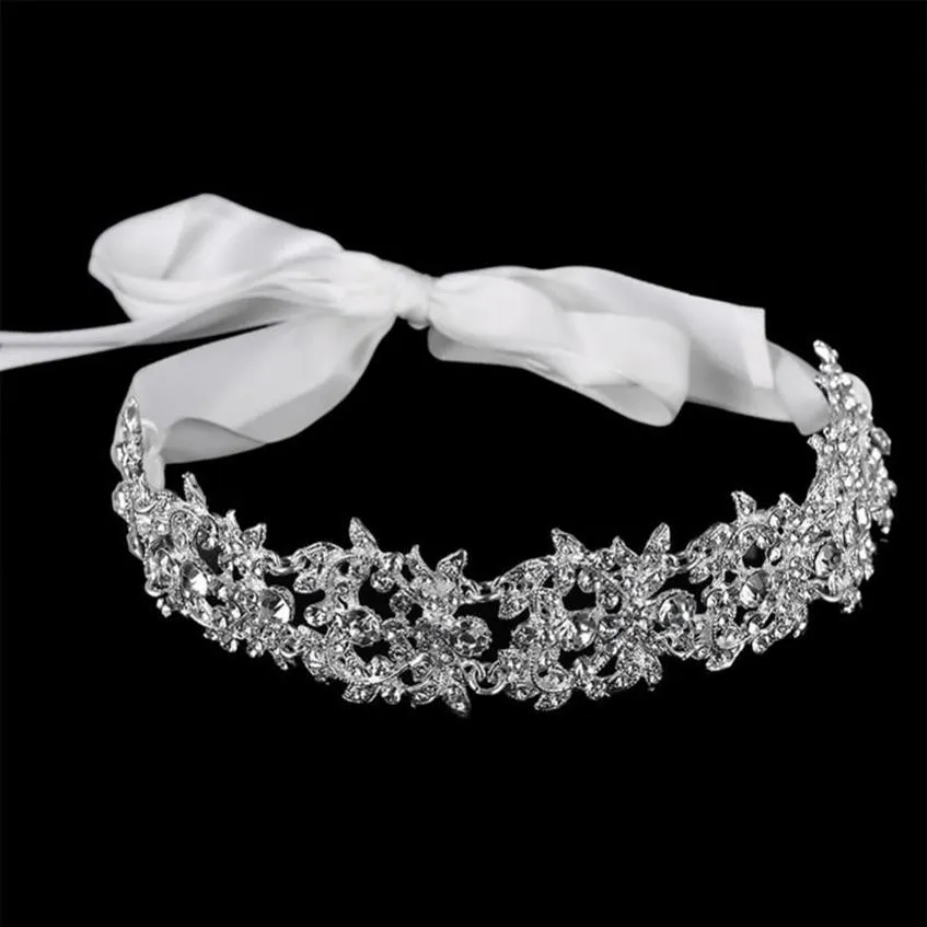 Handgjorda brudpannband Tiara Crystal Wedding Hair Accessories Ribbon Elegant Headpiece Rhinestone Women Hair Jewelry2786