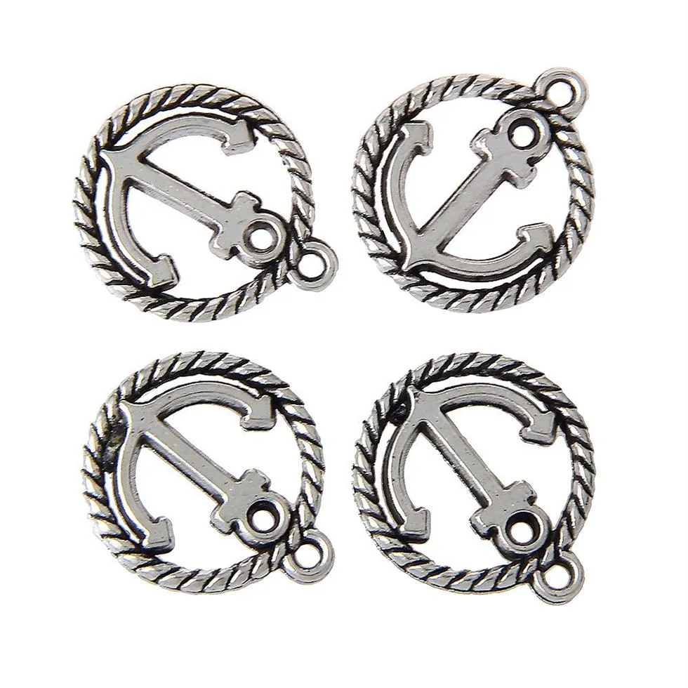 Zinc Metal Alloy Anchor Charm Pendants Round Antique Silver Carved Hollow jewelry making Findings 50pcs279y
