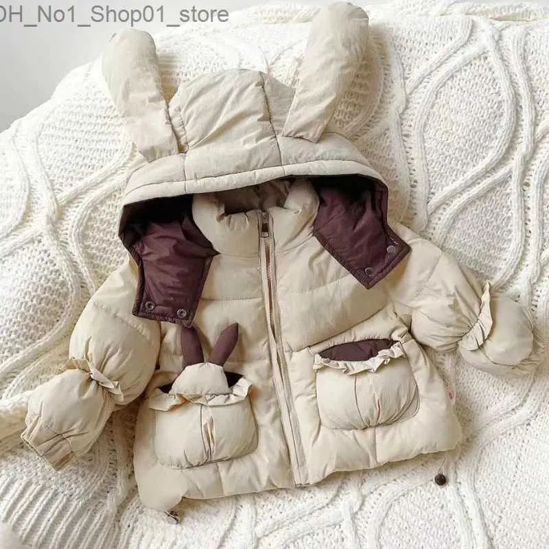 W dół płaszcz dla dzieci zimowe płaszcze królicze uszy kurtki z kapturem dla dziewcząt ciepła odzież wierzcha dla dzieci zagęszcza parkas ubrania księżniczka słodki snowsit Q231205