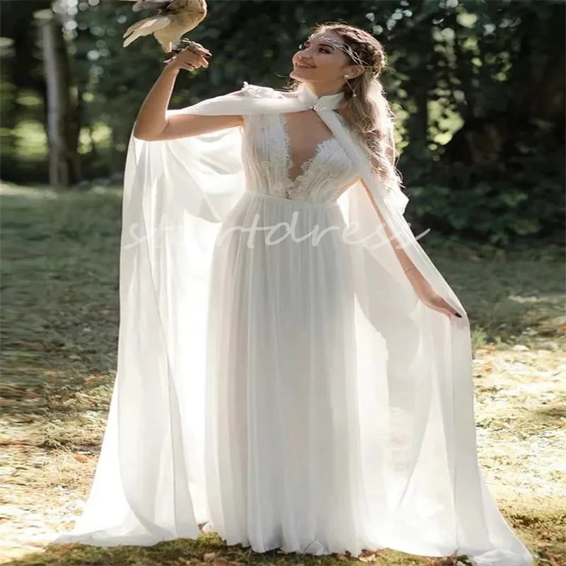 Gatsby Boho robe de mariée avec cape conte de fées elfe robe de mariée celtique 2024 élégant style campagnard en mousseline de soie plage dentelle jardin Forset robes de mariée Mariage Novias coréen