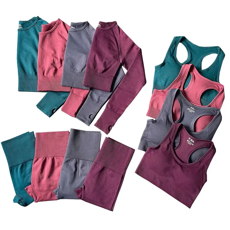 Nouvelle tenue de yoga pour femme, vêtements de gymnastique solides, ensembles d'entraînement, soutien-gorge de sport, leggings sans couture, haut court à manches longues, vêtements d'entraînement féminins, vêtements de sport