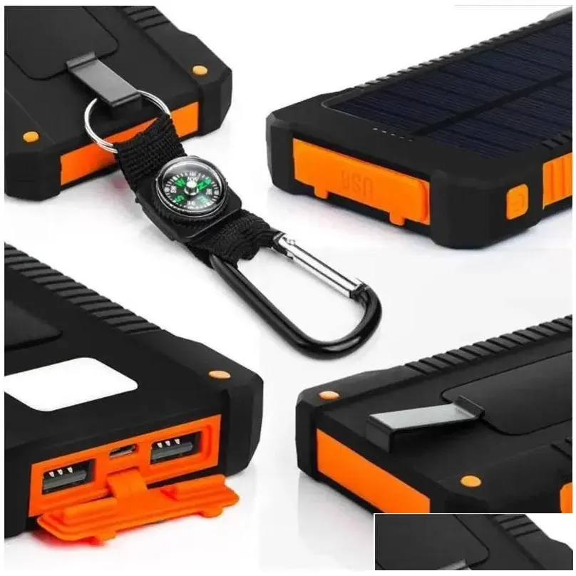 20000mah solar power bank  with led flashlight compass camping lamp double head battery panel waterproof outdoor charging cell