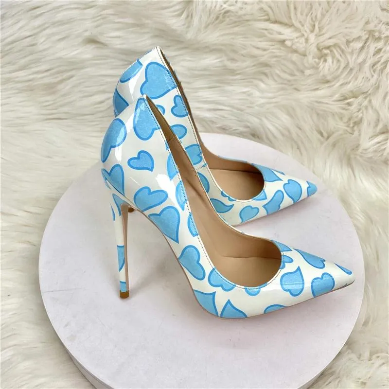 Dress Shoes Blue Sweetheart Printed Women White Pointy Toe HIgh Heel Cute Fashion Designer Stiletto Pumps Plus Size 43 44 45