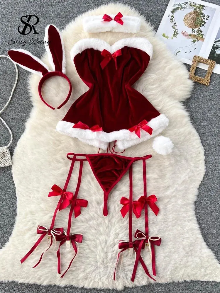 Bras Sets Singreiny Cosplay Maid Sexy Nightwear Halter Splice Fur Bow Lingerie Combination Christmas Erotic Porno Underwear