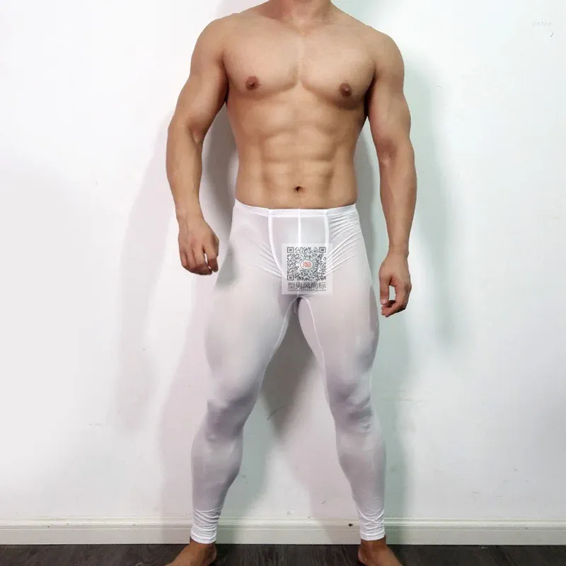Men's Thermal Underwear Sexy Mens See Through Ice Silk Ultra-thin  Transparent Leggings Tight Pants