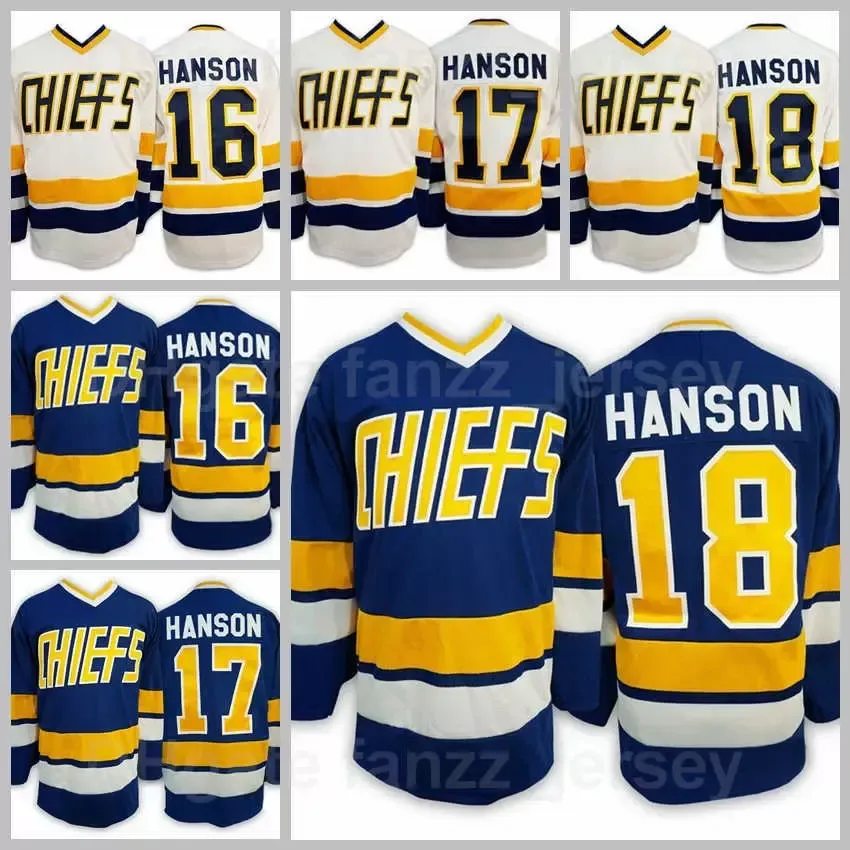 Irmãos Charlestown Slap Shot 16 Jack Hanson Jersey Filme Hóquei no Gelo 17 Steve Hanson 18 Jeff Hanson Tudo Costurado Azul Fora Branco Esportes