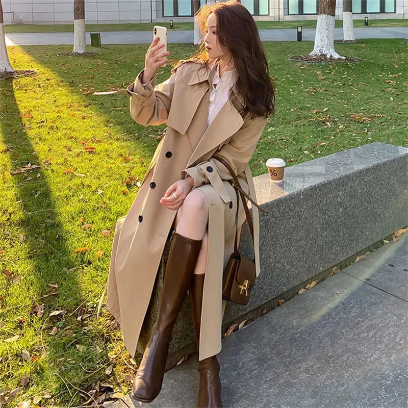 Womens Spring Trench Coat Streetwear: Elegant Midi Length