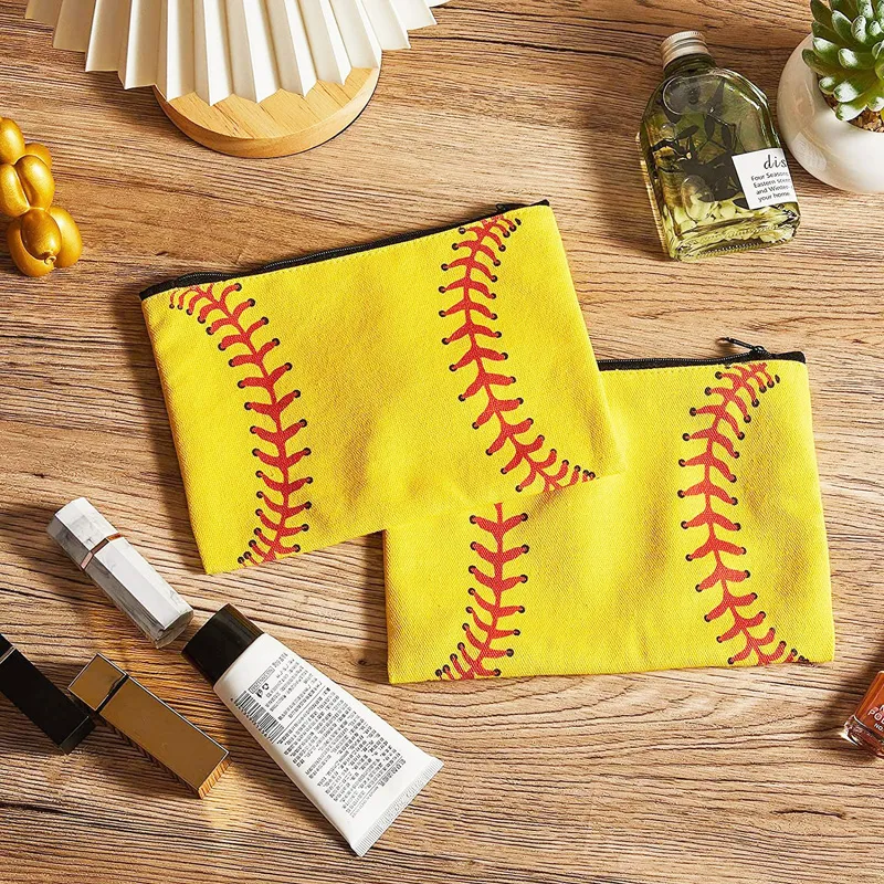 White Yellow Canvas Baseball Pattern Zippered Makeup Bag For Women's Storage Bag LX6272