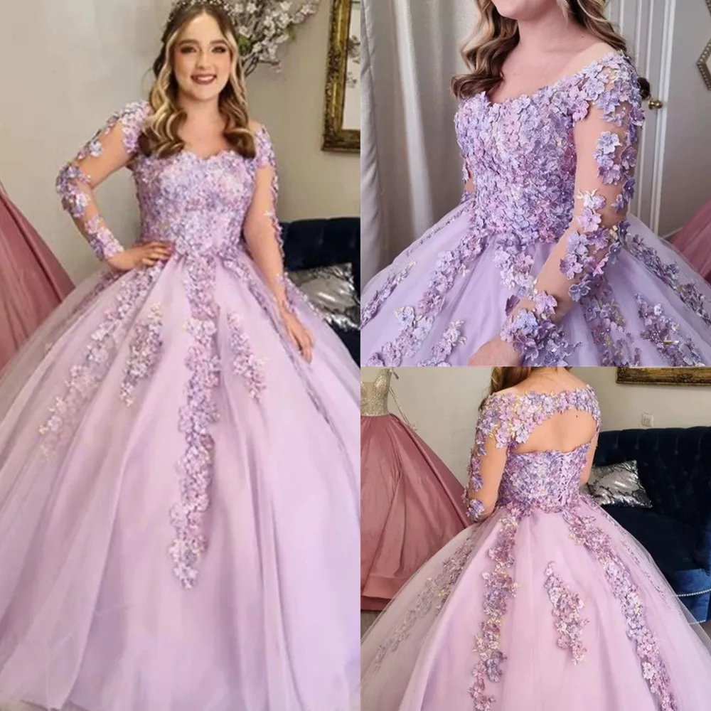 Светло-фиолетовый жемчуг из бисера 3D цветы Высокие платья Quinceanera с длинными рукавами Бальное платье 2023 года Платье Sweet Sixteen Пром платья 328 328 ярдов