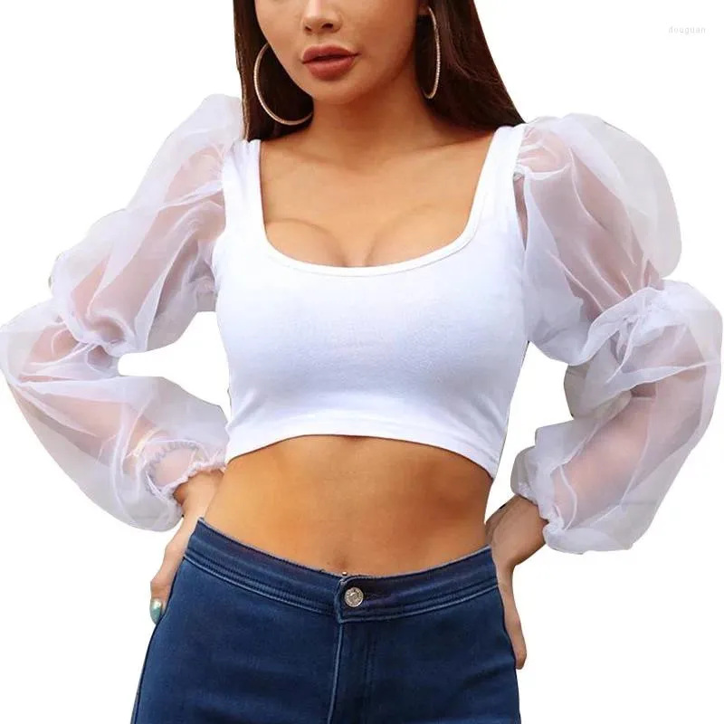 Bluzki damskie Mutevole Kobiety luźne dopasowane przezroczyste koszule szop szyjki marszczyły bluzki z uprawy seksowne widzenie przez puszystą bluzkę z długim rękawem