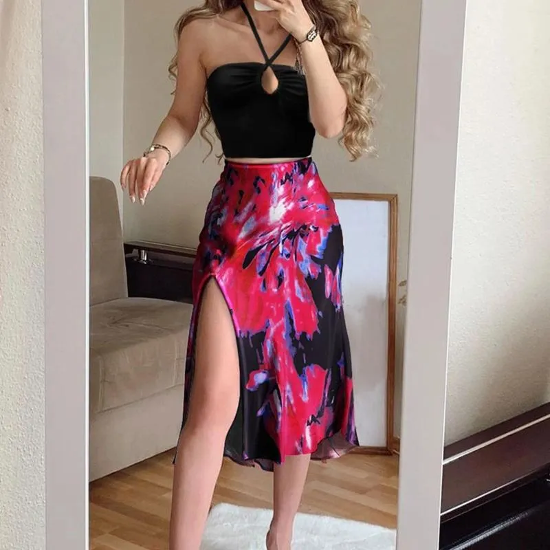 Werkjurken Twee stuks Set Zomer Dames Halter Camis Crop Top Hoge taille Split Slanke Rok Past Tie-dye Print Feestoutfits Bijpassende