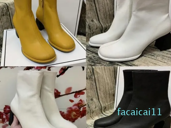 Bottines en cuir de haute qualité pour femmes, bottines à bout rond et à talons épais, jaunes et beiges