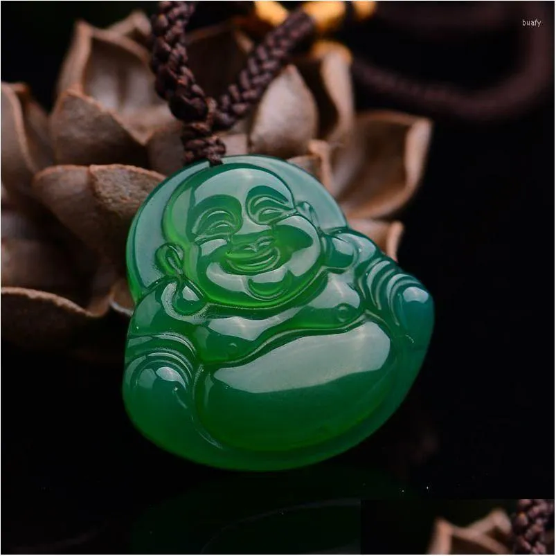 Naszyjniki wisiorek Naszyjniki joursneige zielony kolor chalcedony śmiech Buddha Lucky Fine Naszyjnik Drop dostawa Jewelr Dht31