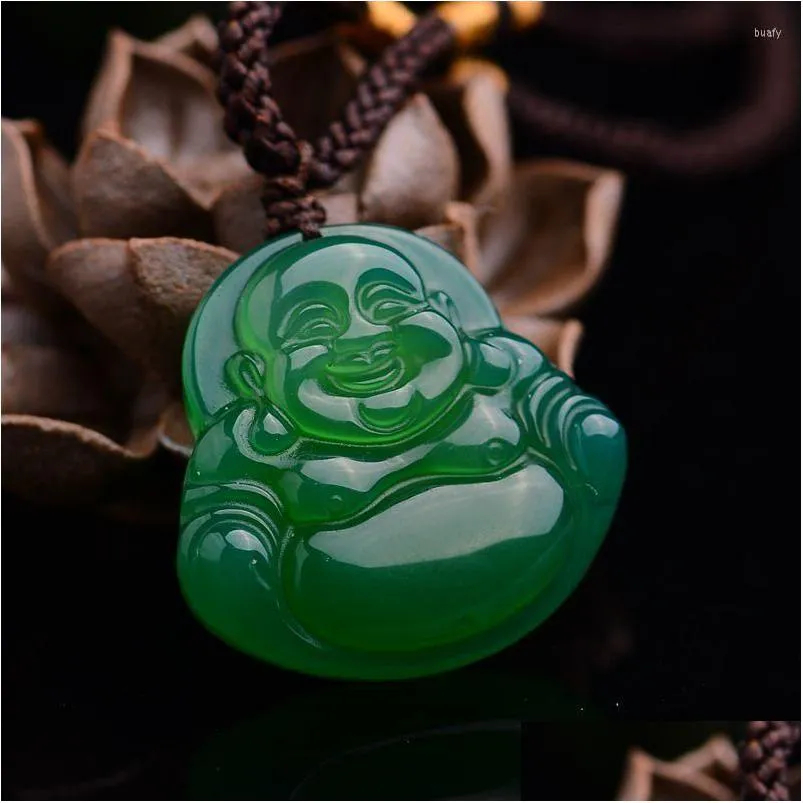 Anhänger-Halsketten Anhänger-Halsketten Joursneige Grüne Farbe Chalcedon Lachender Buddha Lucky Fine Carving Halskette Drop Delivery Jewelr Dht31